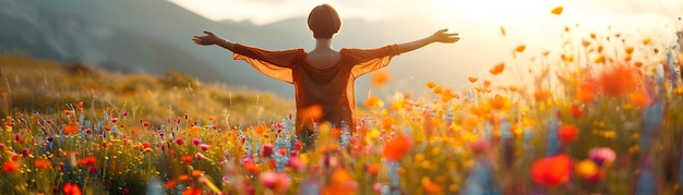 Empowering Image of Person Embracing Nature in Wildflower Field Copy Space Available Photo Stock