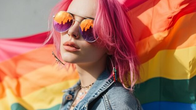 Empowering Portrait Young Woman with LGBT Rainbow Flag