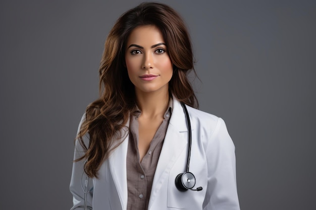 Empowering Representation A Confident Female Doctor Embracing Care Isolated on a Grey Background