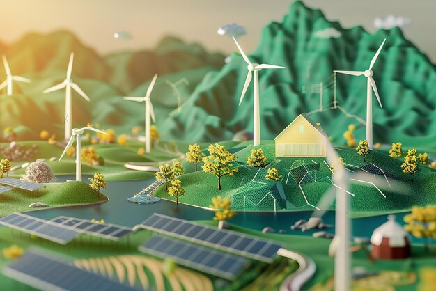 Empowering villages with renewable energy illustrations of solar panels and wind turbines