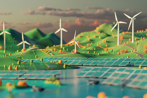 Empowering villages with renewable energy illustrations of solar panels and wind turbines