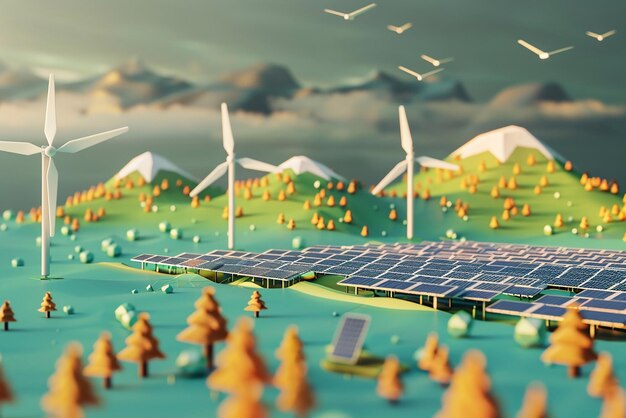 Empowering villages with renewable energy illustrations of solar panels and wind turbines