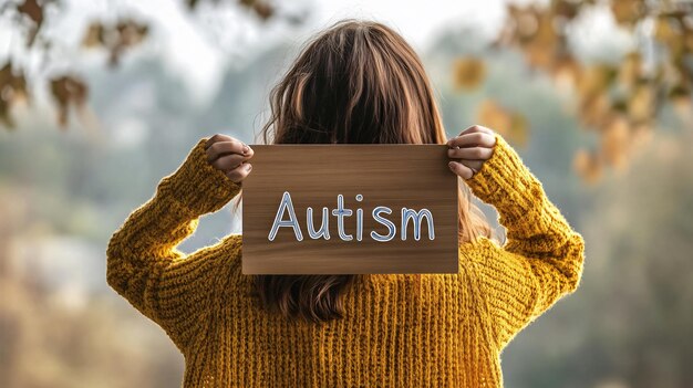 Photo empowering woman holding board with word autism on light background