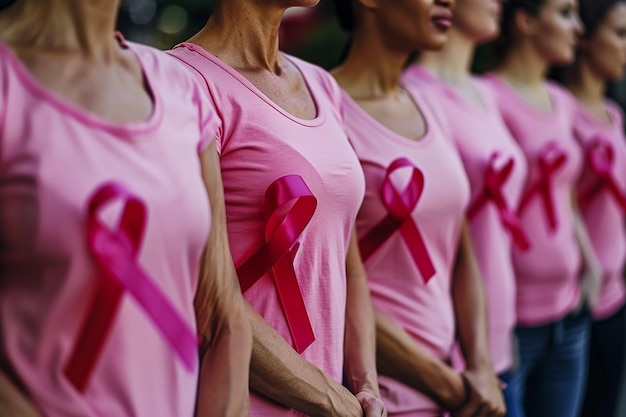 Photo empowering women in pink tshirts with breast cancer awareness ribbons united for a cause