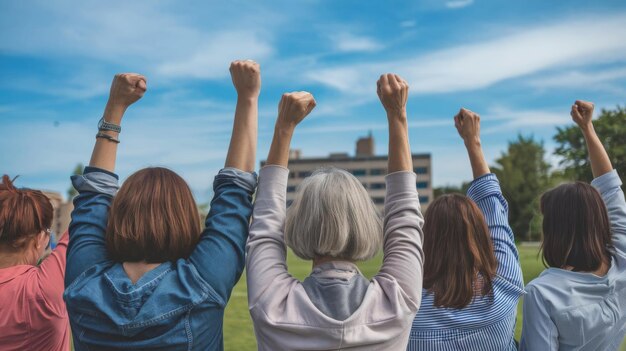 Photo empowering women with strong fists raised for human rights and labor day against blue sky