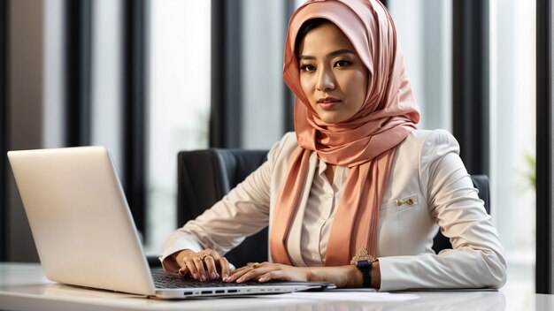 Empowerment in Elegance Capture the essence of a powerful Asian businesswoman in hijab seated at a