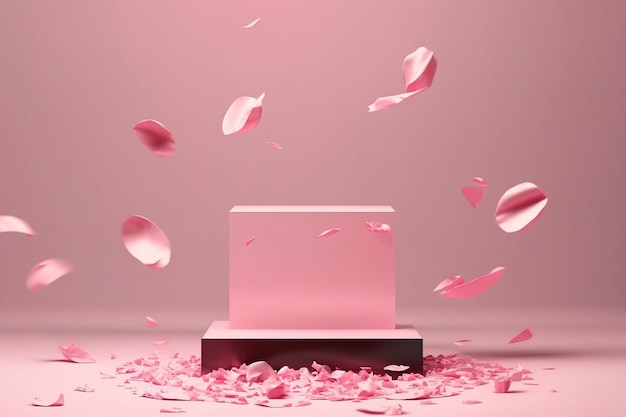 Empty 3d pink podium with falling rose petals for product presentation Generative AI