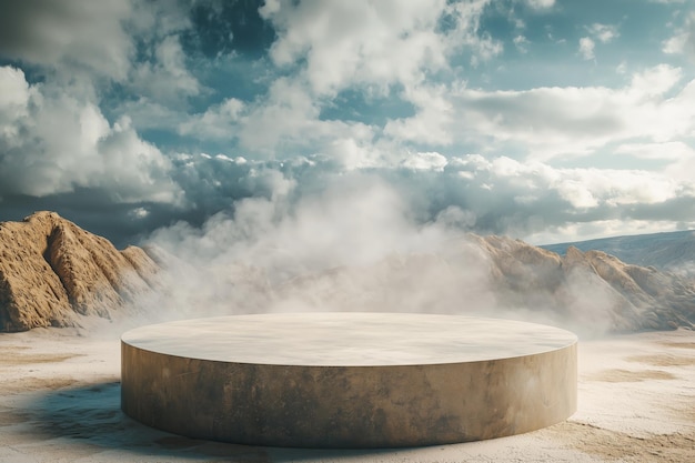 An empty 3D podium in a desert landscape with smoke swirling around it and a dramatic sky overhead