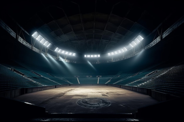 Empty abandoned sport arena illuminated with spotlights Postproducted generative AI digital illustrationGenerative AI