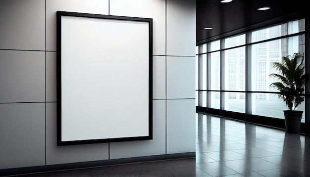 Empty advertising billboard frame on wall in office lobby copy space for mock up design template Generative AI