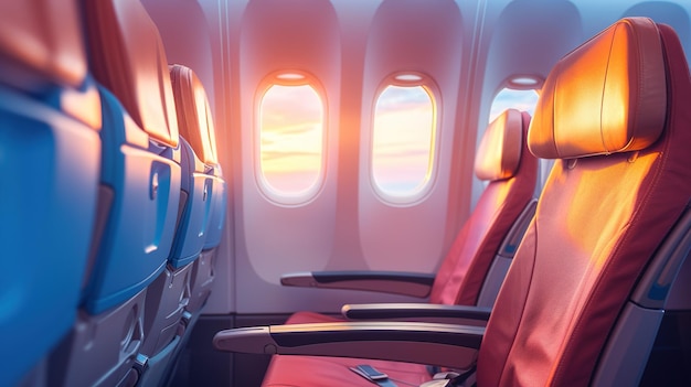 Empty aircraft seats and light shine porthole windows Design ai