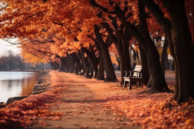 Empty alley covered by foliage in autumn city park on the lake Nature landscape Red and orange color tree leaf park