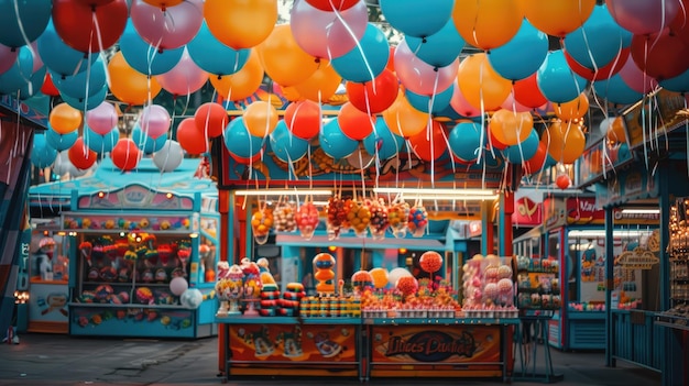 Photo empty amusement park carnival or theme park with colorful booths and balloons fun festive and nostalgic atmosphere