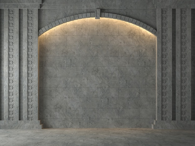 empty ancient wall with concrete arch 3d renderthere are warm light shining down to the wall