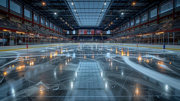 an empty arena with a large banner on the wall and a banner on the ceiling