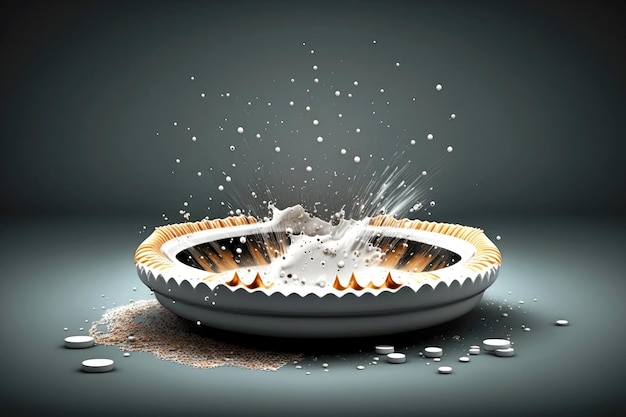 Empty ashtray for cigarettes with splash of drops on gray background created with generative ai