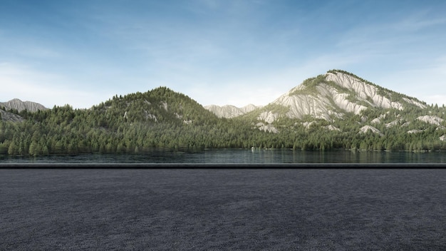 Empty asphalt flooring with mountain and blue sky lake view 3D rendering background for car park