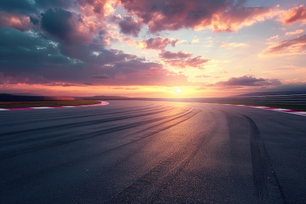 Empty asphalt race track and sunset sky