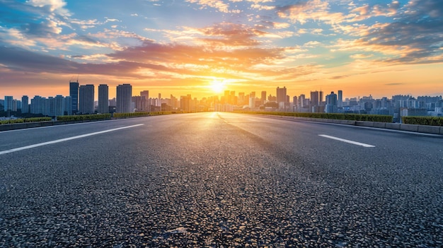 Empty asphalt road and city skyline with buildings at sunset Ai generated