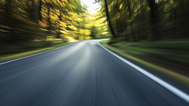 Empty asphalt road going through forest with motion blur