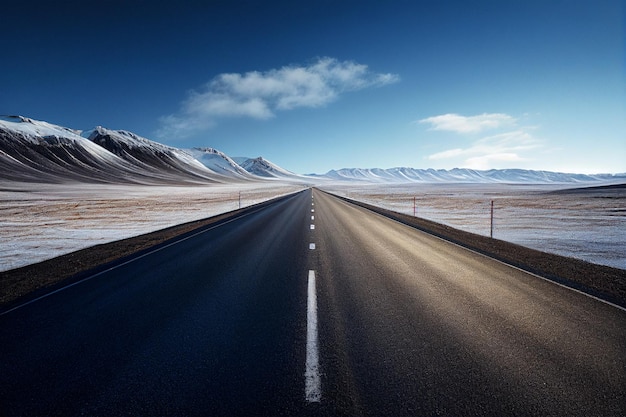 Empty asphalt road in Iceland with snow capped mountains in the background generative ai