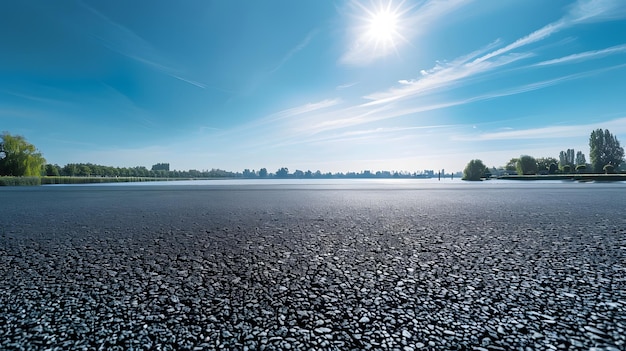 Empty asphalt road near the lake under blue sky Generative AI