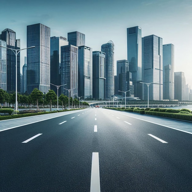 an empty asphalt roadside set against an urban landscape background