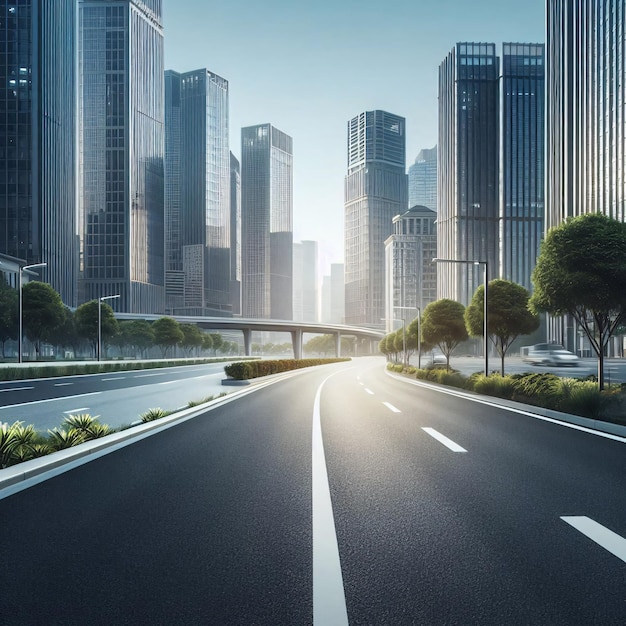 an empty asphalt roadside set against an urban landscape background