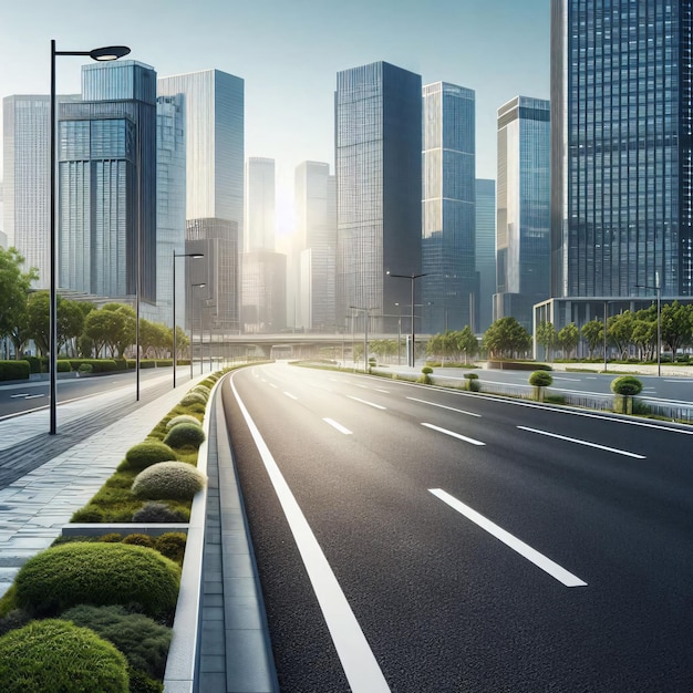 an empty asphalt roadside set against an urban landscape background