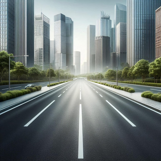 an empty asphalt roadside set against an urban landscape background