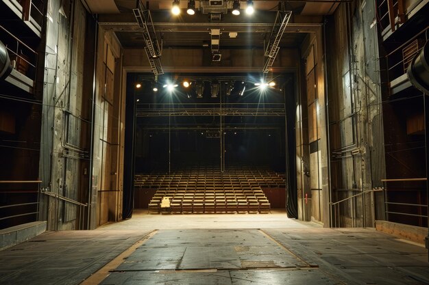 An empty auditorium with a stage in the center and rows of seats extending into the distance A spacious orchestra pit below the stage