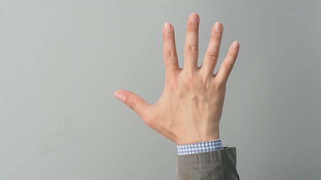 Empty back hand and five finger count in grey suit color on grey background. Businessman topic.close up photo and studio shooting.