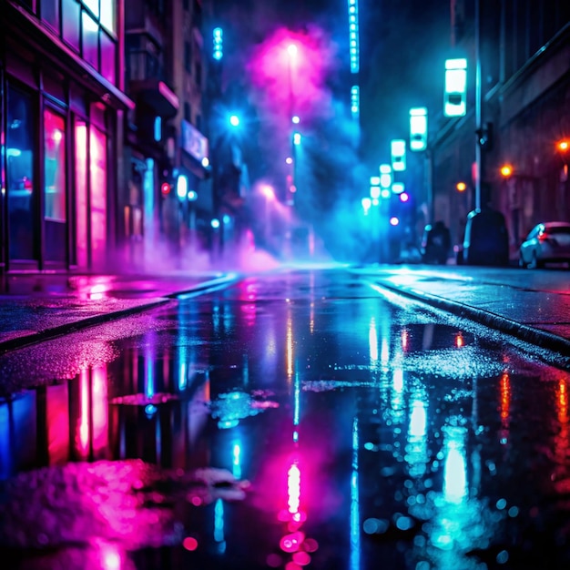 Photo empty background scene dark street reflection of blue and pink neon light on wet pavement neon shapes rays of light in the dark smoke abstract dark background