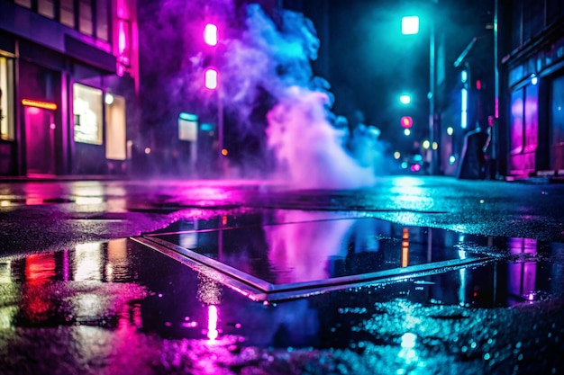 Photo empty background scene dark street a reflection of a rectangle on the wet asphalt neon light in the dark smoke night view of the street the city abstract dark purple background