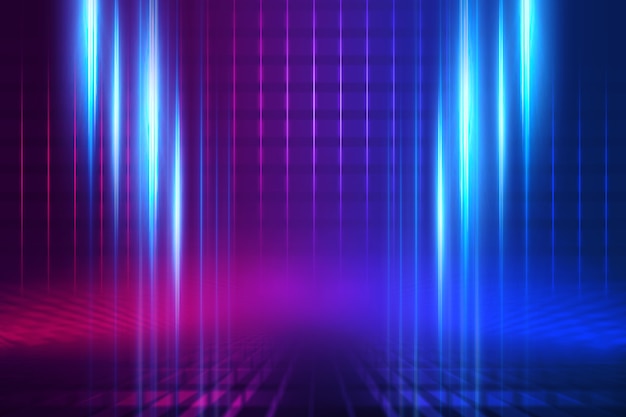 Empty background scene. Dark street reflection on wet asphalt. Rays of neon light in the dark, neon shapes, smoke. Background of an empty stage show. Abstract dark background.