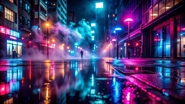 Empty background scene Dark street reflection on the wet pavement Rays neon light in the dark neon figures smoke Night view of the street the city Abstract dark background