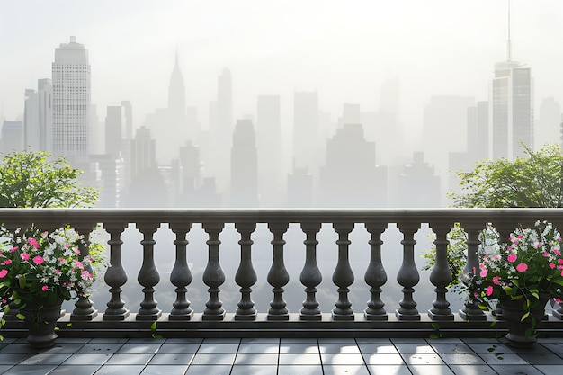 Empty balcony with view of the New York City skyline at sunrise