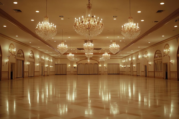 Photo empty ballroom with chandeliers and tiled floor