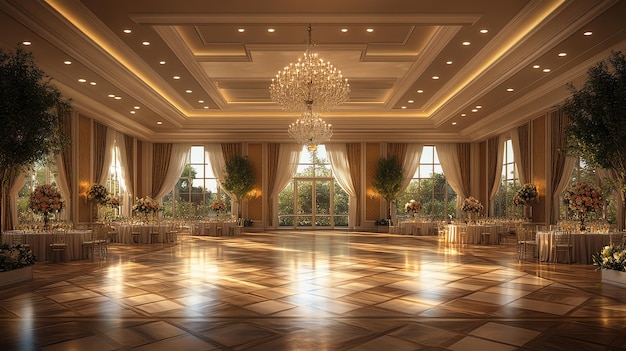 Photo an empty ballroom with large windows elegant chandeliers and a wooden dance floor with sunlight reflecting on it