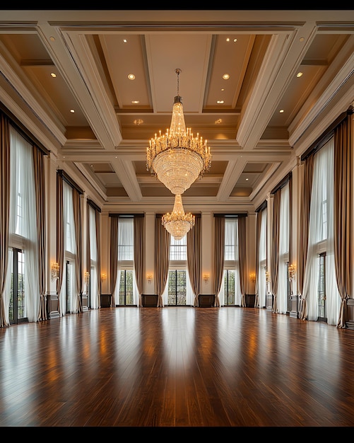 Photo empty ballroom with large windows two ornate chandeliers and gleaming hardwood floors