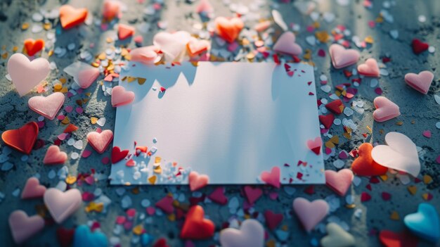 Empty banner with heartshaped confetti around the composition