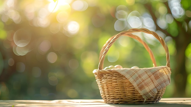 Empty basket with tablecloth on wooden table over green garden background Spring or Generative AI