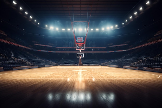 Empty basketball court with lights and spotlights 3D Rendering