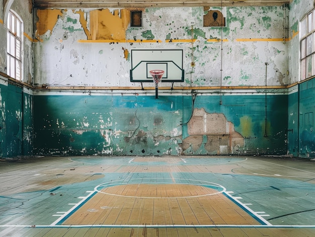 Empty basketball court with a lone hoop in a vintage gym interior during daylight hours