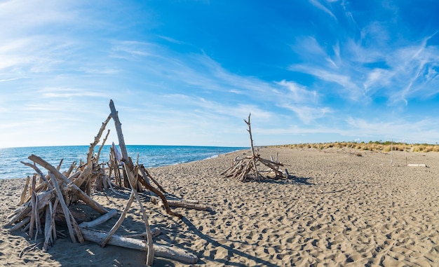 Empty beach in Maremma nature reserve Tuscany Italy Sand bay in natural park dramatic coast rocky headland and pine forest mediterranean sea blue waving water