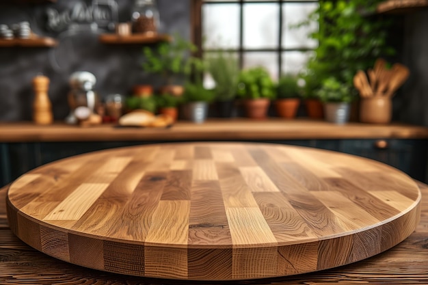 Empty beautiful round wood tabletop counter on interior in clean and bright kitchen background