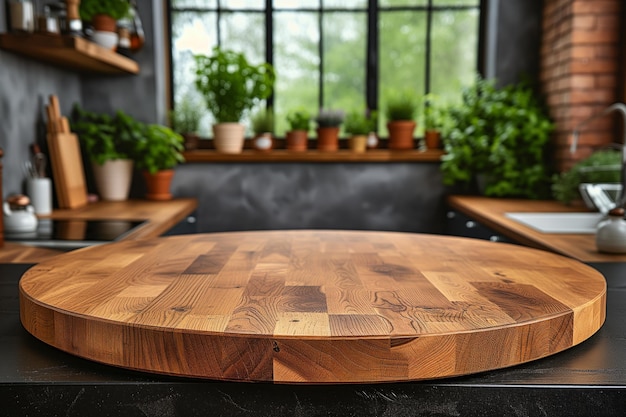 Empty beautiful round wood tabletop counter on interior in clean and bright kitchen background