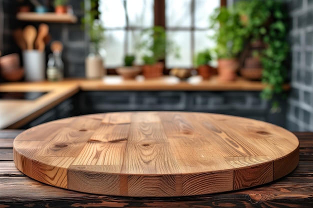 Empty beautiful round wood tabletop counter on interior in clean and bright kitchen background