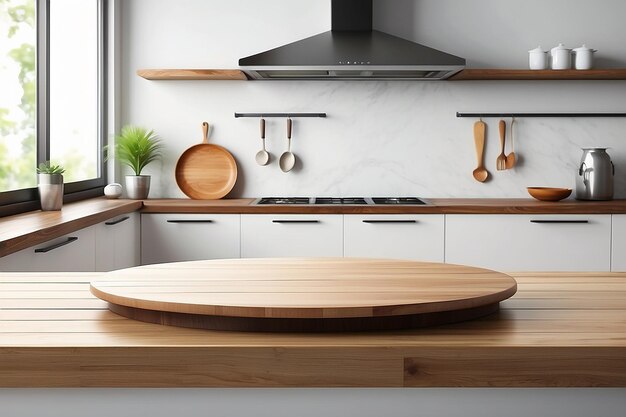 Empty beautiful round wood tabletop counter on interior in clean and bright kitchen background