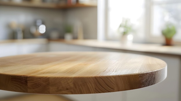 Empty beautiful round wood tabletop counter on interior in clean and bright kitchen Generative AI